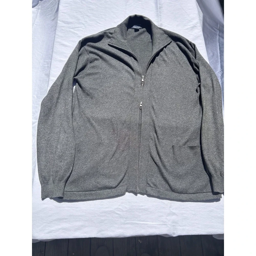 NAUTICA Men's Large Gray Cashmere Blend Full Zip Sweater jacket Two-way Zipper